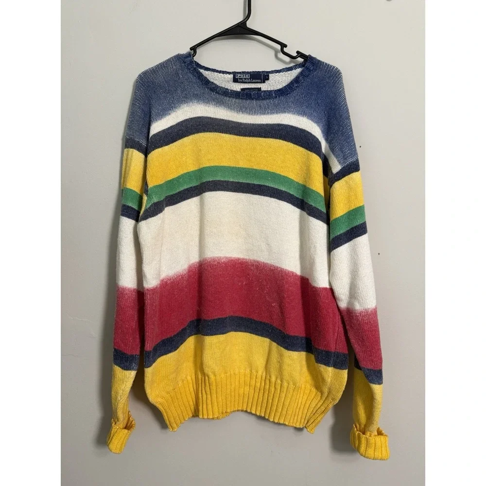 Vintage Polo Ralph Lauren Sweater Mens Sz L Knit Cotton Colorblock Striped 90s